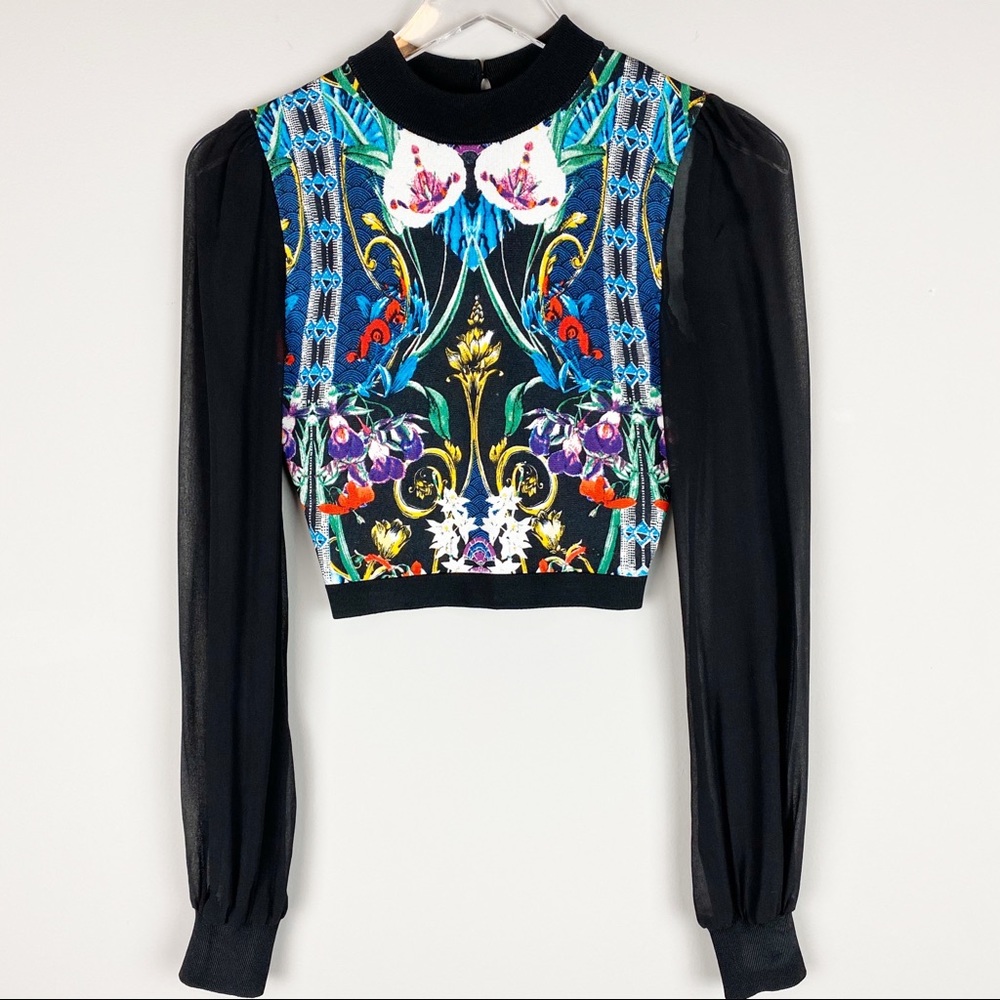 Bebe | Colorful Sheer Long Sleeve Crop Black Top